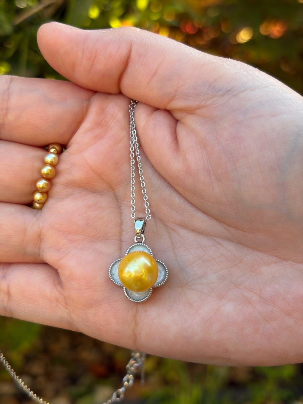 Genuine Freshwater Golden Pearl Flower Pendant Necklace